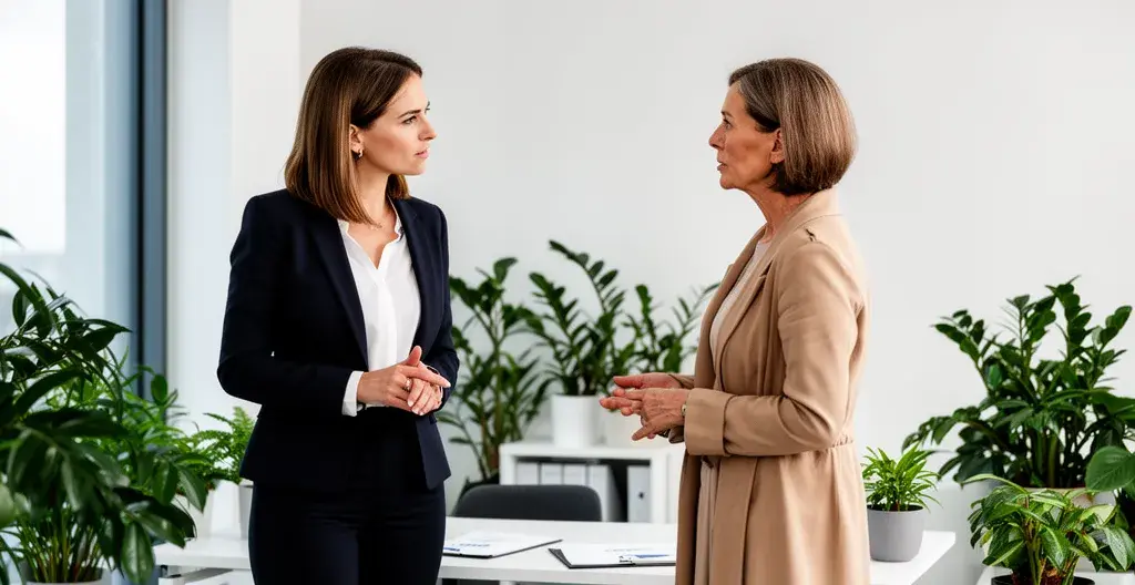 Conseillère en assurance santé expliquant les garanties à une cliente dans un bureau moderne