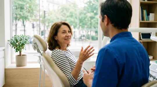 Patiente souriante en consultation dentaire discutant avec son praticien