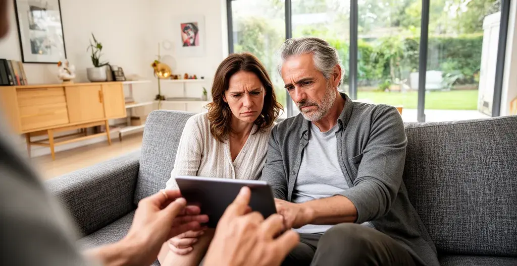 Couple consultant les garanties de mutuelle dentaire sur tablette dans leur salon